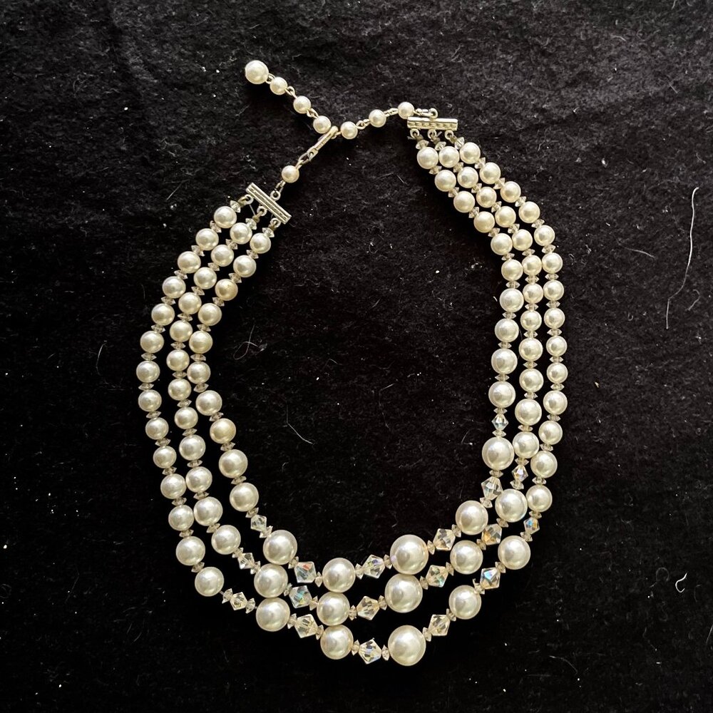 Vintage Estate ‘Pearl’/Aurora ‘Crystal’ Tri-Strand Necklace